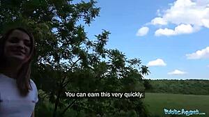 public agent finds a small-boobed cutie to bang bent over in the woods