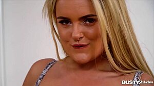 Katie T licks her big boobs in solo masturbation