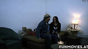 Girl with big natural tits wakes roommate by riding his cock in threesome fantasy