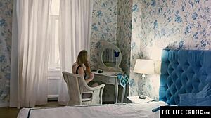 horny blonde in fishnets rides huge black dildo doggy style