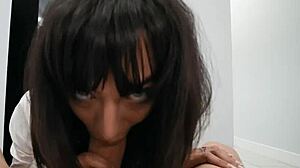 Busty brunette office milf Sasha Pearl sucks Parker Ambroses huge dick in the office