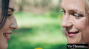 Sexy blonde and brunette kiss then get intimate