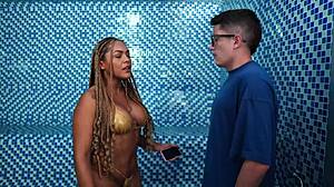 My best friends son goes into a public sauna with me and we have interracial milf and nerd boy sex carla morelli and pipeboy1