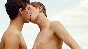 Gay hunk gives blowjob, handjob, and rides cock bareback until cumshot.