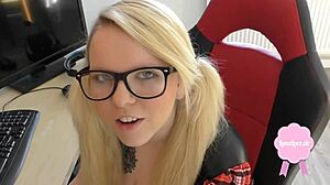 watch this cute blond get fucked in uniform, cum splashing on her glasses