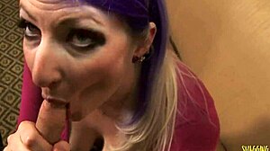 hardcore couple with tattoos rides and licks at hotel