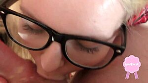 watch this cute blond get fucked in uniform, cum splashing on her glasses