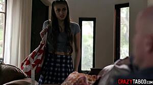 Stepfather disciplines stepdaughter with spanking and anal gaping, fingering her small tits and using monster cock