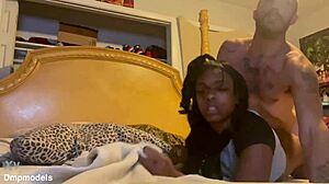 ebony girl gives blowjob on webcam, bent over for big cock