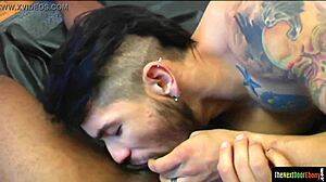 I can’t believe I’m in this cocksucking threesome, servicing huge black studs with raw passion. It’s driving me wild every second!