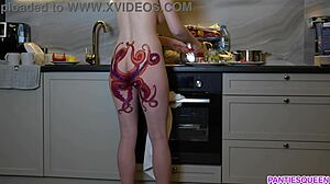 Naked housewife with octopus tattoo cooks dinner and ignores you