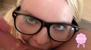 watch this cute blond get fucked in uniform, cum splashing on her glasses