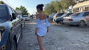 Two Teens Walk On Beach Without Panties, Showing Pussies To Voyeurs.