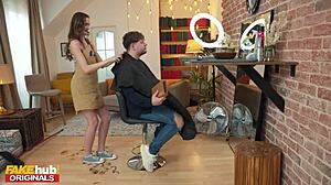 Wow! Fakehub Brunette Trainee with Natural Boobs Cuts Hair and Sucks Cock!