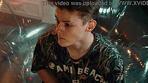 Two sweet guys share an inflatable chair.