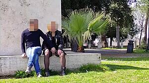 French Milf Squirts Riskily In Public Park While People Walk By.