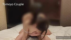 hey, this japanese wife cosplays in a wet swimsuit for a young guy!