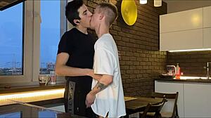 He brought a sweet guy to visit made a juicy blowjob and brought him to orgasm