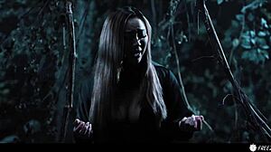 Busty chick frozen, fucked by three dudes in forest