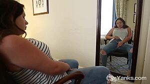 I yanks Kimberlee Rose's hot glass dildo thrusting in her shaved pussy, flashing it solo