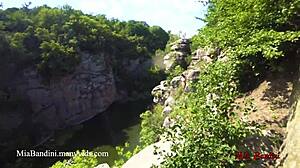 mia bandini and her teen model couple go wild with passionate public blowjob and swallow on canyon cliff