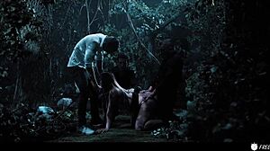 Busty chick frozen, fucked by three dudes in forest