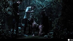 Busty chick frozen, fucked by three dudes in forest