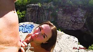 mia bandini and her teen model couple go wild with passionate public blowjob and swallow on canyon cliff