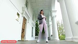 jeny smith flashes sporty white pantyhose in public