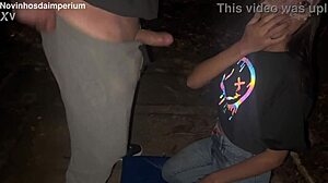 Skinny wife fucks in public street, gagging on cock while cuckold watches.