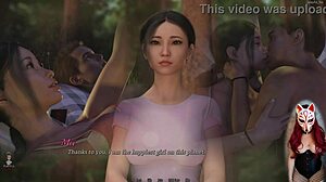 Asian beauty in fishnets and corset in outdoor game