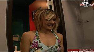 Blonde girl with small natural tits shares an interview before getting a creampie.