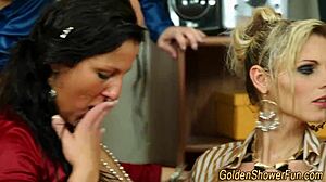 fetish pee slut feels intense emotions during group cum swapping and golden shower