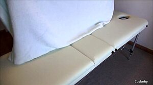 does the masseur give the housewife a happy ending with cum?