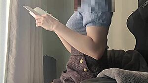 reading book but horny touching sensitive spot big tits girl