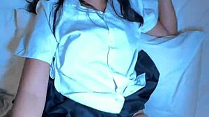 18yo thai student in uniform struggles with big white cock