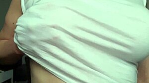 Busty Milf Wetting My T-Shirt Without Bra and Getting Orgasm by Pierced Nipples Playing!