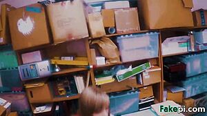 Doll looking teen gets bareback table fucked by fake shop manager