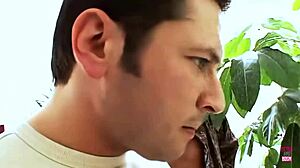 blonde woman in stockings participates in a group activity with two men involving toys and riding