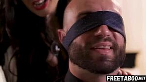 unhappy wife joanna angel blindfolds husband for rough cock play