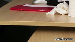 frisky hottie asks, want to see me gulp all this cum? during blowbang