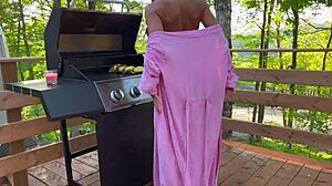 step-mom gets drilled hard while cooking outside in the open.