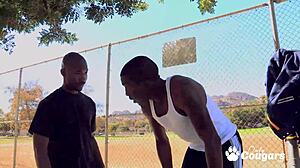 Horny cheerleader May Lee pounded by two black studs