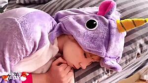 Babe gets bent over for rough blowjob and pussy fuck with big cock in morning POV, ending in facial while in kigurumi.