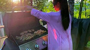 step-mom gets drilled hard while cooking outside in the open.