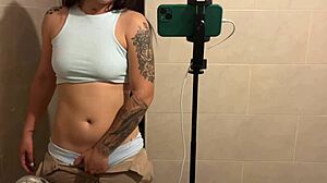 Latina Ebony Masturbates Big Clit in Bathroom