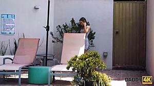 Athletic man drills son's cute girlfriend outdoors by the pool in steamy old and young encounter. Watch him ride her shaved pussy hard.