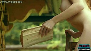 Tiny Teen 18+ Playboy Model Kate Great Strips Naked Outdoor While Chopping Wood