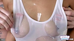 Flat asian girl masturbates here