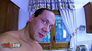 Slim french teen surprises with large cock in kitchen assfucking.